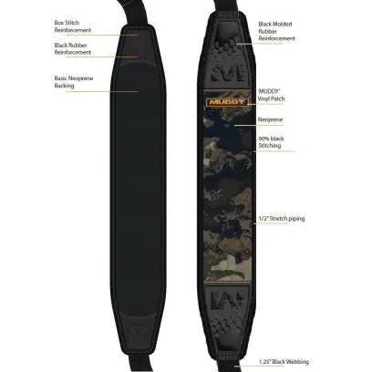 Pohodlný neoprenový řemen MUDDY PATHFINDER s nastavitelnou délkou, rychloupínací QD montáží, protiskluzovou úpravou a vyztužením z tvarované gumy pro vyšší odolnost. Šíře 3,2 cm. Barva: VEIL CANYON GREY.