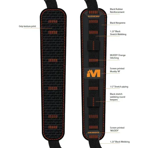 Popruh na pušku MUDDY SUMMIT RIDGE – černý Pružný neoprenový řemen MUDDY SUMMIT RIDGE s rychloupínací QD montáží, protiskluzovou úpravou a poutky na 4 náboje. Šíře 3,2 cm. Černá barva s oranžovým prošitím.
