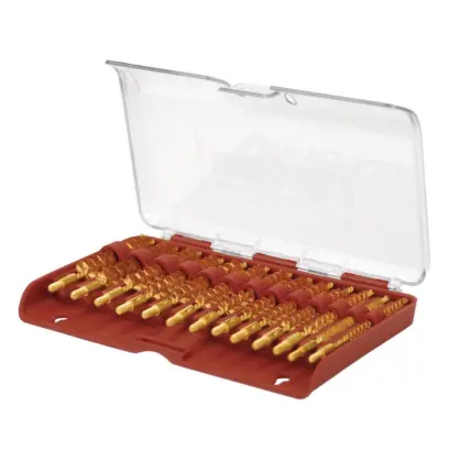 Profesionální 13dílná sada bronzových kartáčků Tipton pro čištění pušek v rážích .17 až .45. Kalibrově přesné kartáčky v pevné krabičce pro důkladné a šetrné čištění vývrtu hlavně.