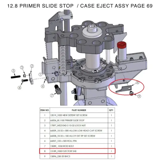 Dillon 1050/1100/2000 Ejector Tab Originální náhradní díl pro přebíjecí lisy Dillon Super 1050, RL1100 a CP2000. EEJECTOR TAB (#13189).
