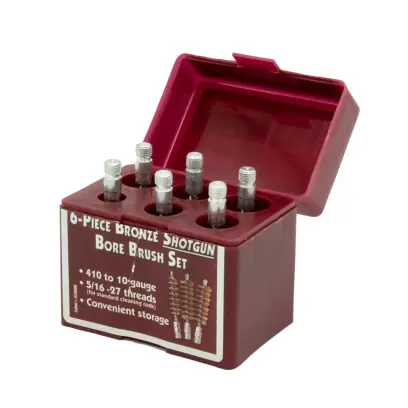 Profesionální 6dílná sada bronzových vytěrákových kartáčků Tipton pro čištění brokovnic v rážích .410 až 10 GA. Kalibrově přesné kartáčky v pevné krabičce pro důkladné a šetrné čištění vývrtu hlavně.