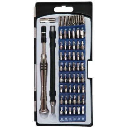 Přenosná sada 58 nástrojů pro jemné práce (zbraně, optiku, elektroniku, brýle). Mikro bity, prodlužovací nástavec, flexibilní hřídel a teleskopická rukojeť přehledně uspořádané v krabičce.