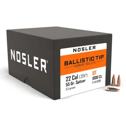 Střely Nosler Ballistic Tip Varmint .22 Cal, dia .224, 55grs (1000 ks) Střela Nosler Ballistic Tip Varmint .22 Cal, dia .224, 55grs (3,5g). SKU: 11288