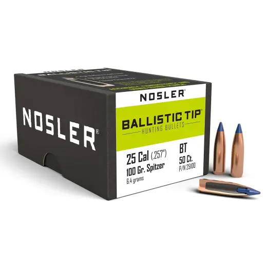 Střela Nosler Ballistic Tip Hunting 25 Cal, dia .257, 100grs (6,4g). SKU: 25100
