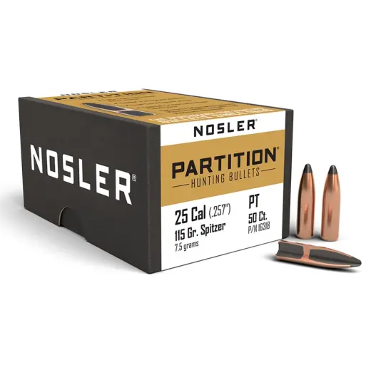 Střely Nosler Partition .25 Cal, dia .257, 115grs (50 ks) Střela Nosler Partition .25 Cal, dia .257, 115grs (7,5g). SKU: 16318