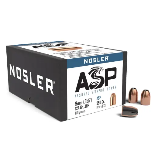 Střely Nosler Assured Stopping Power 9mm, dia .355, 124grs JHP (250 ks) Střela Nosler JHP ASP (Assured Stopping Power) 9mm, dia .355, 124grs (8g). SKU: 43123