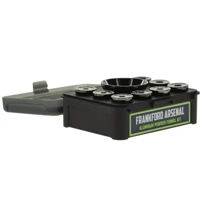 Prachová násypka s osmi adaptéry pro většinu oblíbených ráží (.17 a výše) v praktickém úložném pouzdru. Hliníková násypka je opatřena prémiovým antistatickým povrchem.