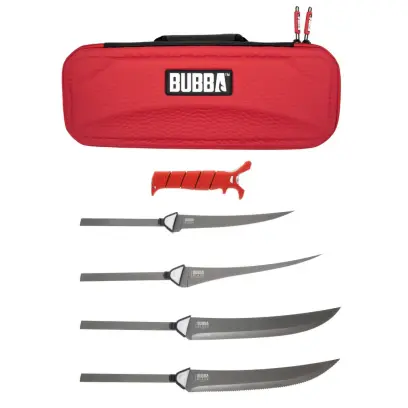 Univerzální filetovací nůž se 4 výměnnými full-tang čepelemi. Rychlá výměna, bezpečné uzamčení, protiskluzová rukojeť. Včetně pouzdra s vyjímatelným zásobníkem a magnetickou vložkou.