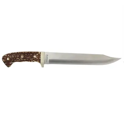 Nůž Bowie 181UH Uncle Henry Robustní nůž Bowie s 25cm čepelí Full-tang z vysoce uhlíkové nerezové oceli, ergonomickou rukojetí Staglon a mosaznou záštitou. Včetně nylonového pouzdra. Celková délka 39 cm, váha 460 g.