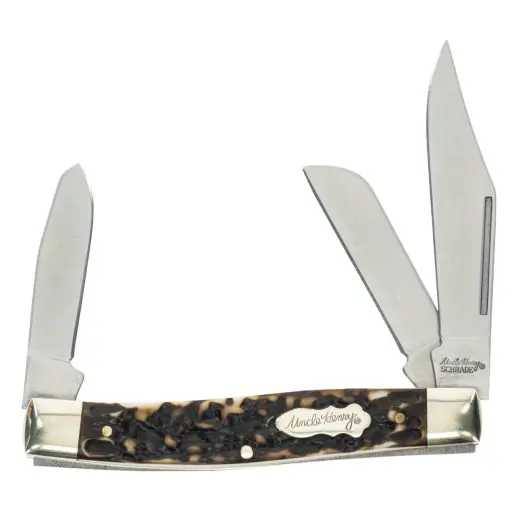 Kapesní nůž Sr. Rancher 885UH Uncle Henry Tradiční kapesní zavírací nůž se třemi čepelemi z nerezové oceli a rukojetí Staglon s elegantními niklovými bolsterky. Ideální pro každodenní nošení, práci i lov. Celková délka 17,5 cm, hmotnost 80 g.