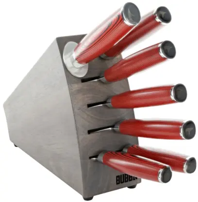 Profesionální sada 6ti kuchyňských nožů z prémiové německé oceli a diamantové ocílky. Elegantní blok z dřeva Parawood, stylové rukojeti G10, perfektní vyvážení.