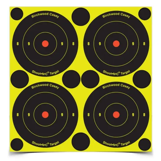 Vrstvený samolepící terč BIRCHWOOD CASEY SHOOT•N•C BULL’S-EYE TARGET 3" s barevnou signalizací zásahu a záslepkami v rozích. Balení 12ti archů (48 terčů ⌀7,5 cm+ 120 záslepek).