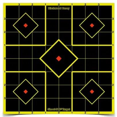 Vrstvený zaměřovací terč BIRCHWOOD CASEY SHOOT•N•C SIGHT-IN TARGET 8"s barevnou signalizací zásahu, samolepícím podkladem, 1" mřížky. Průměr 20 cm. Balení po 15 ks.