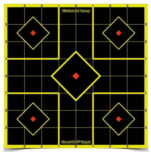 Vrstvený zaměřovací terč BIRCHWOOD CASEY SHOOT•N•C SIGHT-IN TARGET 8"s barevnou signalizací zásahu, samolepícím podkladem, 1" mřížky. Průměr 20 cm. Balení po 15 ks.