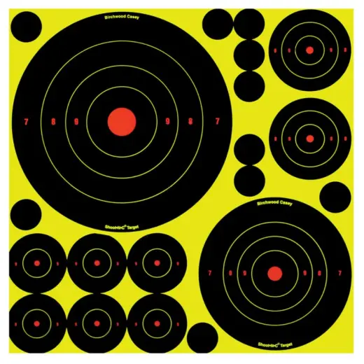 Vrstvené samolepící terče BIRCHWOOD CASEY s barevnou signalizací zásahu. Balení 5ti archů, tj. 50 terčů (5x ⌀20 cm, 5x ⌀14 cm, 10x ⌀8 cm, 30x ⌀5 cm) a 50 záslepek ⌀2,5 cm.