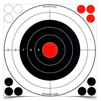 Samolepící papírový terč BIRCHWOOD CASEY se záslepkami v rozích. Rozměry 30 x 30 cm. Balení po 5 ks.