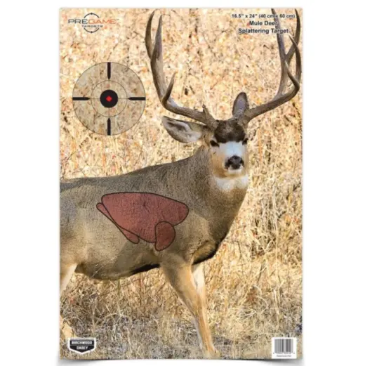 PREGAME MULE DEER TARGET 16.5" x 24", 3 ks Realistický terč BIRCHWOOD CASEY s barevnou signalizací zásahu v životně důležitých oblastech. Nácvik střelby s maximálním přiblížením reálné situaci. Rozměry 40 x 60 cm. Balení po 3 ks.
