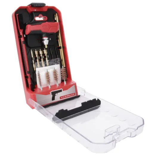 Sada pro čištění krátkých zbraní 16dílná sada na čištění pistolí a revolverů Birchwood Casey. Vhodná pro ráže .22, .357/.38/9mm, .40 a .45. Prakticky uspořádaná ve výklopné úložné krabičce.