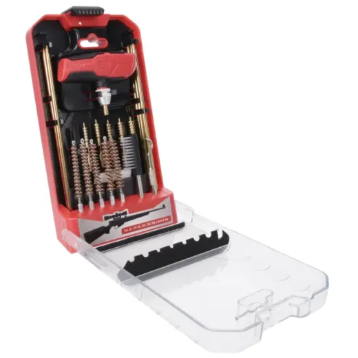 21dílná sada na čištění pušek Birchwood Casey.  Vhodná pro ráže .22, .27/.28, .243, .30/.308, 6.5mm/.264. Prakticky uspořádaná ve výklopné úložné krabičce.