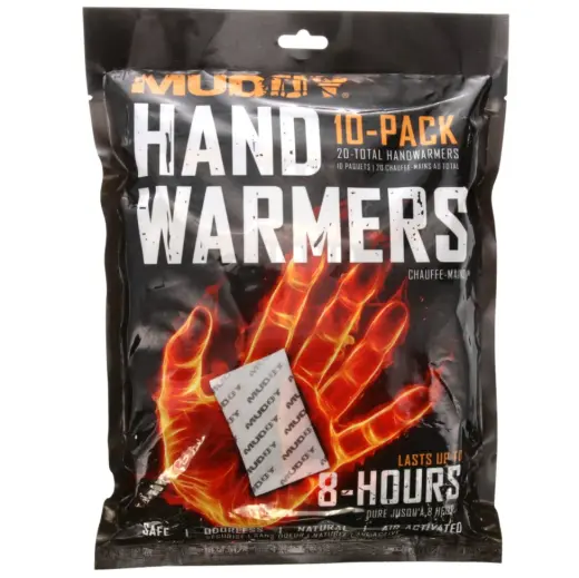 Vzduchem aktivovaný ohřívač rukou MUDDY – stačí vložit do kapsy nebo rukavic, hřeje až 8 hodin. Netoxický, ekologicky neutrální. Ideální pro lov, turistiku, sport i práci v chladu. 10 párů v balení.