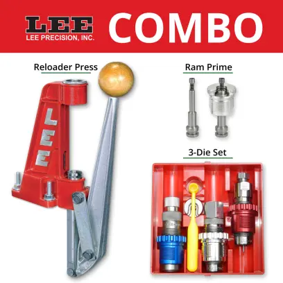 LEE Breech Lock Reloader Press Kit .223 Rem Zvýhodněná sada jednooperačního lisu s C-rámem vybaveným rychloupínacím systémem Lee Breech Lock Quick Change, třídílné sady karbidových matric a zápalkovací sestavy pro malé i velké zápalky.