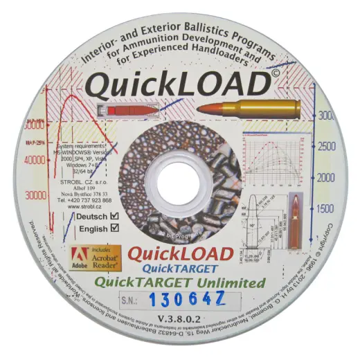 Počítačové CD, obsahující programy pro přebíjení střeliva QuickLoad a QuickTarget. Kompatibilní s Win 11.