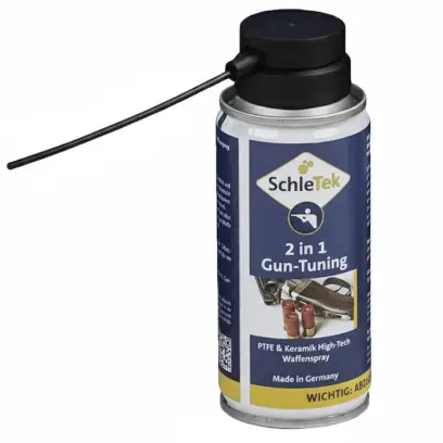 Sprej na zbraně GUN TUNING 2 v 1 teflon & keramika SchleTek Speciální sprej na zbraně s obsahem teflonu (PTFE) a keramických částeček. Výrobce Německo, firma SchleTek.