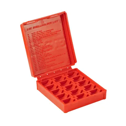 Originální červená krabička na 15 kusů držáků nábojnic od firmy LEE. LEE Shell Holder Storage Box.