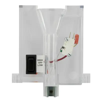 Přední průhledný plastový kryt casefeederu Dillon Precision. Včetně spínače, kolébkového přepínače a svorky na zásobník nábojnic.