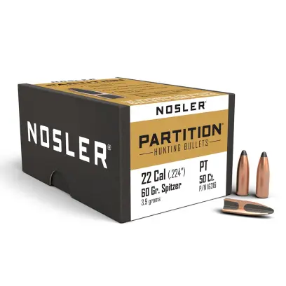 Střely Nosler Partition .22 cal, dia .224, 60grs Střela Nosler Partition .22 cal, dia .224, 60grs (3,9g). SKU: 16316