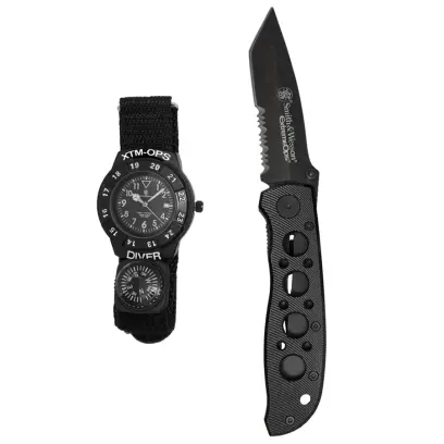 Taktický zavírací nůž s kombinovanou čepelí z nerezové oceli a voděodolné potápěčské hodinky s kompasem Smith &amp; Wesson Extreme Ops Combo.