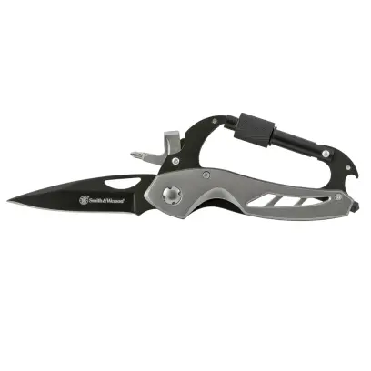 Multifunkční zavírací nůž Smith&Wesson Carabiner Knife/Tool Hybrid s karabinou pro zavěšení nože, hrotem pro rozbíjení skla, otvírákem na lahve a plochým a křížovým šroubovákem.