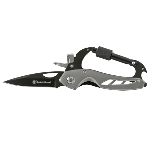 Multifunkční nůž s karabinou a šroubovákem S&W Multifunkční zavírací nůž Smith&Wesson Carabiner Knife/Tool Hybrid s karabinou pro zavěšení nože, hrotem pro rozbíjení skla, otvírákem na lahve a plochým a křížovým šroubovákem.