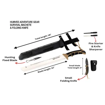 Sada mačety a zavíracího nože HUMVEE. Součástí je křesadlo, brousek, malá dýka, pouzdro na zavírací nůž a pouzdro na mačetu s příslušenstvím. Ideální pro outdoorové aktivity i každodenní použití.